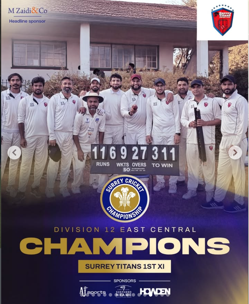 Surrey Titans 1st XI celebrating as 2026 Surrey Cricket Championship Division 12 East Central champions